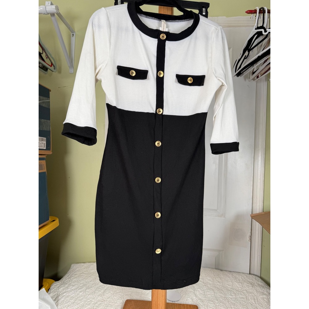 Chocolate USA Black White Colorblock Ribbed Button Front Sheath Dress Large